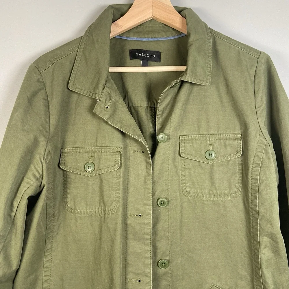 Talbots Jacket‎ Pom Pom Army Green Flap Pockets Gorpcore Lightweight Women's L - Picture 2 of 13